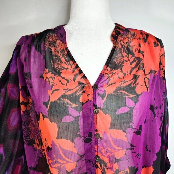 Anthropologie Fig and Flower Oversized Red Black Purple Floral Button Front Top - Picture 5 of 7